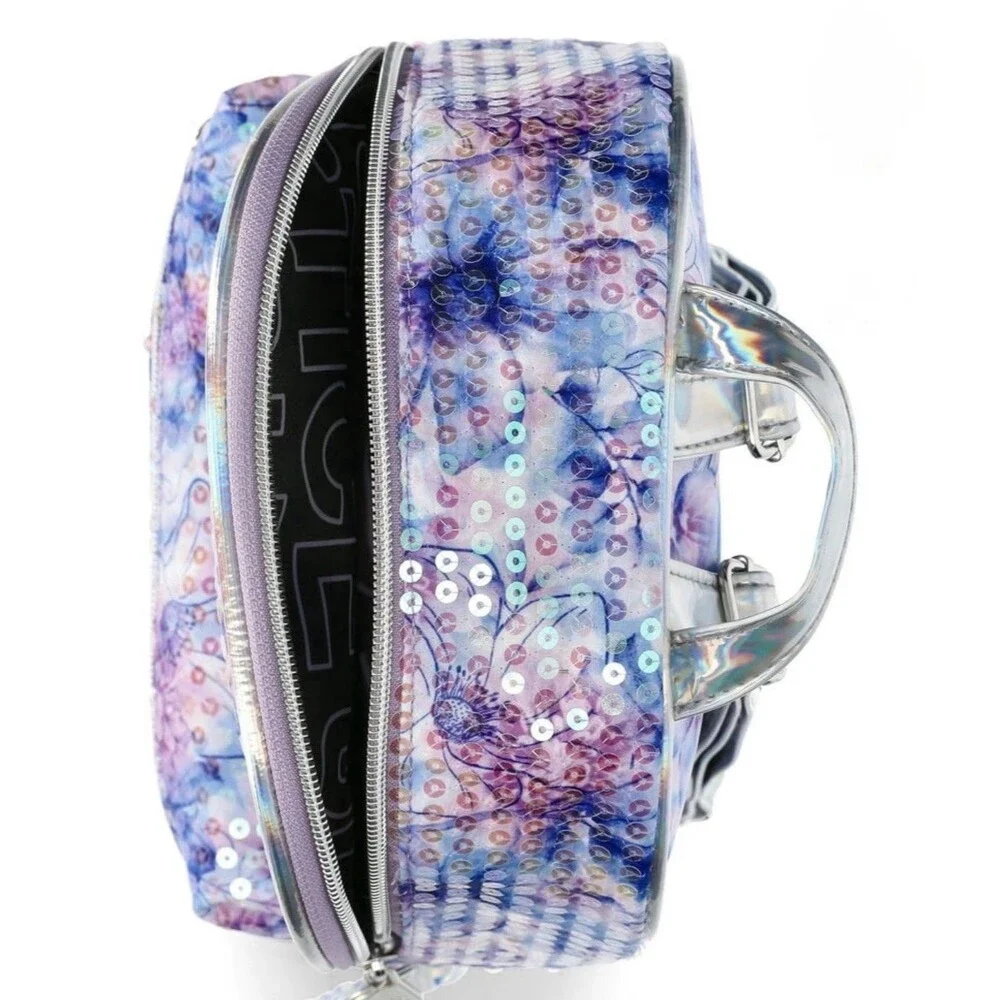 New Justice sequined Blue & Purple floral mini backpack Bag Purse Straps Zip